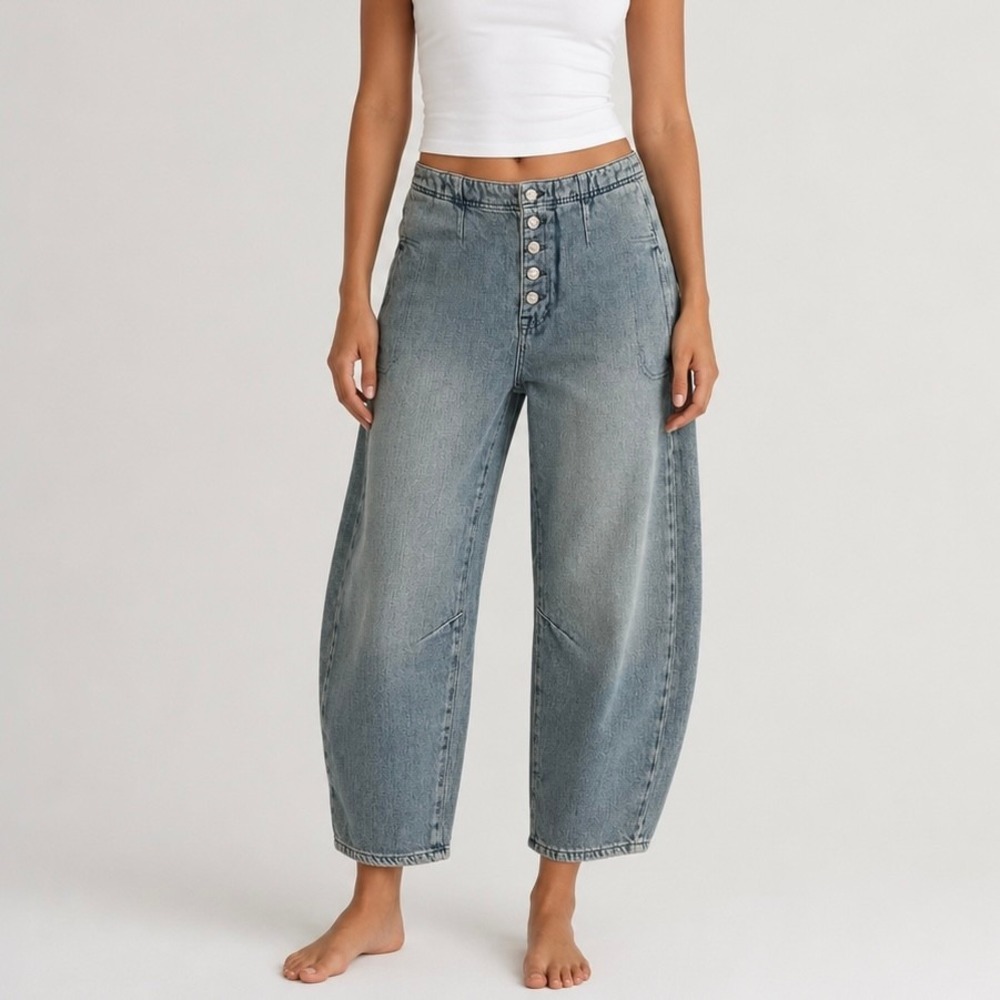 Free People We The Free Osaka Mid Rise Barrel Jeans Cotton Lyocell Blue Size 28